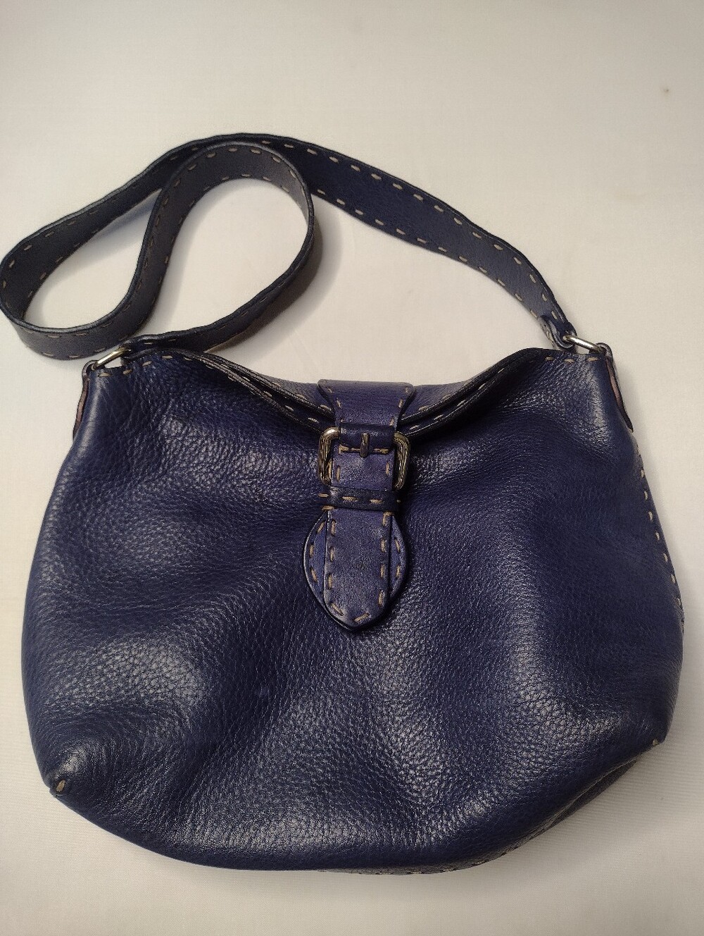 Dooney & Bourke Navy Blue Pebbled Leather Shoulder Bag Stitching Fold Over OO
